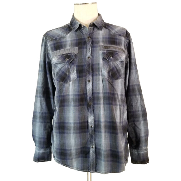 Inc International Concepts shirt men's large blue plaid Pearl snap Western - Picture 1 of 12